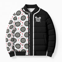 Personalized Black and White Dartboard Bomber Puffer Jacket Bullseye Target Design for Dart Players - Wonder Print Shop