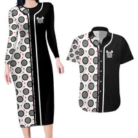 Personalized Black and White Dartboard Couples Matching Long Sleeve Bodycon Dress and Hawaiian Shirt Bullseye Target Design for Dart Players - Wonder Print Shop