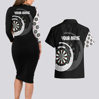 Personalized Black and White Dartboard Couples Matching Long Sleeve Bodycon Dress and Hawaiian Shirt Bullseye Target Design for Dart Players - Wonder Print Shop