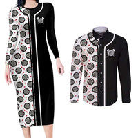 Personalized Black and White Dartboard Couples Matching Long Sleeve Bodycon Dress and Long Sleeve Button Shirt Bullseye Target Design for Dart Players - Wonder Print Shop