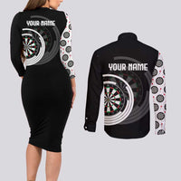 Personalized Black and White Dartboard Couples Matching Long Sleeve Bodycon Dress and Long Sleeve Button Shirt Bullseye Target Design for Dart Players - Wonder Print Shop