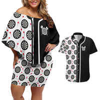 Personalized Black and White Dartboard Couples Matching Off Shoulder Short Dress and Hawaiian Shirt Bullseye Target Design for Dart Players - Wonder Print Shop