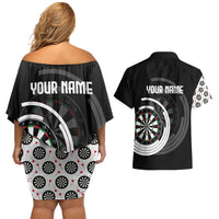 Personalized Black and White Dartboard Couples Matching Off Shoulder Short Dress and Hawaiian Shirt Bullseye Target Design for Dart Players - Wonder Print Shop