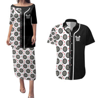 Personalized Black and White Dartboard Couples Matching Puletasi and Hawaiian Shirt Bullseye Target Design for Dart Players - Wonder Print Shop
