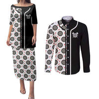 Personalized Black and White Dartboard Couples Matching Puletasi and Long Sleeve Button Shirt Bullseye Target Design for Dart Players - Wonder Print Shop