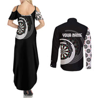 Personalized Black and White Dartboard Couples Matching Summer Maxi Dress and Long Sleeve Button Shirt Bullseye Target Design for Dart Players - Wonder Print Shop