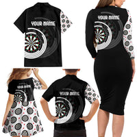 Personalized Black and White Dartboard Family Matching Long Sleeve Bodycon Dress and Hawaiian Shirt Bullseye Target Design for Dart Players - Wonder Print Shop