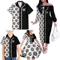 Personalized Black and White Dartboard Family Matching Off The Shoulder Long Sleeve Dress and Hawaiian Shirt Bullseye Target Design for Dart Players - Wonder Print Shop