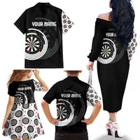 Personalized Black and White Dartboard Family Matching Off The Shoulder Long Sleeve Dress and Hawaiian Shirt Bullseye Target Design for Dart Players - Wonder Print Shop