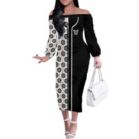 Personalized Black and White Dartboard Family Matching Off The Shoulder Long Sleeve Dress and Hawaiian Shirt Bullseye Target Design for Dart Players - Wonder Print Shop