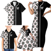 Personalized Black and White Dartboard Family Matching Short Sleeve Bodycon Dress and Hawaiian Shirt Bullseye Target Design for Dart Players - Wonder Print Shop