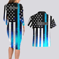 Personalized Blue Flame American Flag Dart Couples Matching Long Sleeve Bodycon Dress and Hawaiian Shirt Patriotic Dartboard Design - Wonder Print Shop