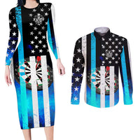 Personalized Blue Flame American Flag Dart Couples Matching Long Sleeve Bodycon Dress and Long Sleeve Button Shirt Patriotic Dartboard Design - Wonder Print Shop