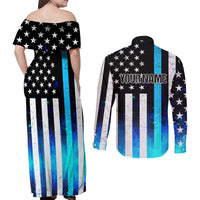 Personalized Blue Flame American Flag Dart Couples Matching Off Shoulder Maxi Dress and Long Sleeve Button Shirt Patriotic Dartboard Design - Wonder Print Shop
