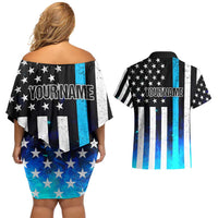 Personalized Blue Flame American Flag Dart Couples Matching Off Shoulder Short Dress and Hawaiian Shirt Patriotic Dartboard Design - Wonder Print Shop