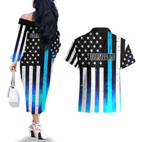 Personalized Blue Flame American Flag Dart Couples Matching Off The Shoulder Long Sleeve Dress and Hawaiian Shirt Patriotic Dartboard Design - Wonder Print Shop