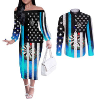 Personalized Blue Flame American Flag Dart Couples Matching Off The Shoulder Long Sleeve Dress and Long Sleeve Button Shirt Patriotic Dartboard Design - Wonder Print Shop