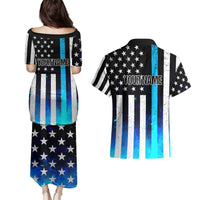 Personalized Blue Flame American Flag Dart Couples Matching Puletasi and Hawaiian Shirt Patriotic Dartboard Design - Wonder Print Shop