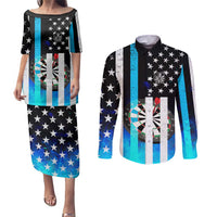 Personalized Blue Flame American Flag Dart Couples Matching Puletasi and Long Sleeve Button Shirt Patriotic Dartboard Design - Wonder Print Shop