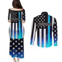 Personalized Blue Flame American Flag Dart Couples Matching Puletasi and Long Sleeve Button Shirt Patriotic Dartboard Design - Wonder Print Shop