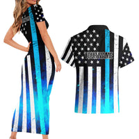 Personalized Blue Flame American Flag Dart Couples Matching Short Sleeve Bodycon Dress and Hawaiian Shirt Patriotic Dartboard Design - Wonder Print Shop