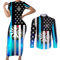 Personalized Blue Flame American Flag Dart Couples Matching Short Sleeve Bodycon Dress and Long Sleeve Button Shirt Patriotic Dartboard Design - Wonder Print Shop