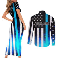 Personalized Blue Flame American Flag Dart Couples Matching Short Sleeve Bodycon Dress and Long Sleeve Button Shirt Patriotic Dartboard Design - Wonder Print Shop