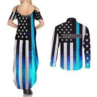 Personalized Blue Flame American Flag Dart Couples Matching Summer Maxi Dress and Long Sleeve Button Shirt Patriotic Dartboard Design - Wonder Print Shop