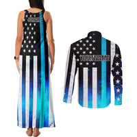 Personalized Blue Flame American Flag Dart Couples Matching Tank Maxi Dress and Long Sleeve Button Shirt Patriotic Dartboard Design - Wonder Print Shop