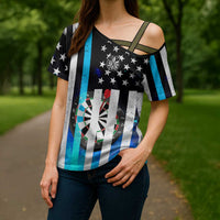 Personalized Blue Flame American Flag Dart Cross Shoulder Shirt Patriotic Dartboard Design - Wonder Print Shop