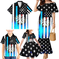 Personalized Blue Flame American Flag Dart Family Matching Mermaid Dress and Hawaiian Shirt Patriotic Dartboard Design - Wonder Print Shop