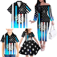 Personalized Blue Flame American Flag Dart Family Matching Off The Shoulder Long Sleeve Dress and Hawaiian Shirt Patriotic Dartboard Design - Wonder Print Shop