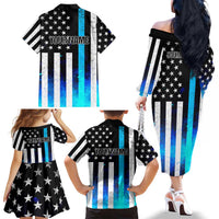 Personalized Blue Flame American Flag Dart Family Matching Off The Shoulder Long Sleeve Dress and Hawaiian Shirt Patriotic Dartboard Design - Wonder Print Shop