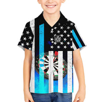 Personalized Blue Flame American Flag Dart Family Matching Off The Shoulder Long Sleeve Dress and Hawaiian Shirt Patriotic Dartboard Design - Wonder Print Shop