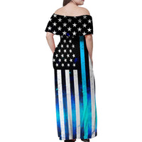 Personalized Blue Flame American Flag Dart Family Matching Off Shoulder Maxi Dress and Hawaiian Shirt Patriotic Dartboard Design - Wonder Print Shop