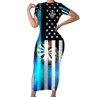 Personalized Blue Flame American Flag Dart Family Matching Short Sleeve Bodycon Dress and Hawaiian Shirt Patriotic Dartboard Design - Wonder Print Shop