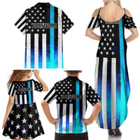 Personalized Blue Flame American Flag Dart Family Matching Summer Maxi Dress and Hawaiian Shirt Patriotic Dartboard Design - Wonder Print Shop