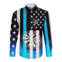 Personalized Blue Flame American Flag Dart Long Sleeve Button Shirt Patriotic Dartboard Design - Wonder Print Shop