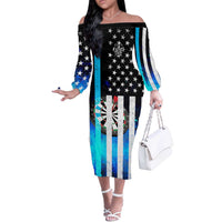 Personalized Blue Flame American Flag Dart Off The Shoulder Long Sleeve Dress Patriotic Dartboard Design - Wonder Print Shop