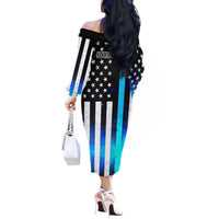 Personalized Blue Flame American Flag Dart Off The Shoulder Long Sleeve Dress Patriotic Dartboard Design - Wonder Print Shop