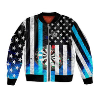 Personalized Blue Flame American Flag Dart Sleeve Zip Bomber Jacket Patriotic Dartboard Design - Wonder Print Shop