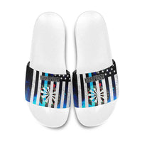 Personalized Blue Flame American Flag Dart Slide Sandals Patriotic Dartboard Design - Wonder Print Shop