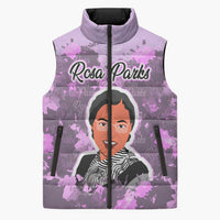 Rosa Parks Sleeveless Puffer Jacket Purple Floral Pattern Civil Rights Tribute Bold Name Repeated Text Design - Wonder Print Shop