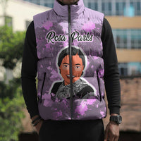 Rosa Parks Sleeveless Puffer Jacket Purple Floral Pattern Civil Rights Tribute Bold Name Repeated Text Design - Wonder Print Shop