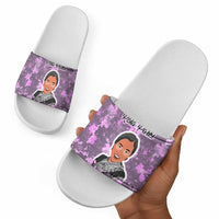 Rosa Parks Slide Sandals Purple Floral Pattern Civil Rights Tribute Bold Name Repeated Text Design - Wonder Print Shop