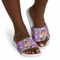 Rosa Parks Slide Sandals Purple Floral Pattern Civil Rights Tribute Bold Name Repeated Text Design - Wonder Print Shop