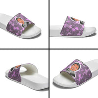 Rosa Parks Slide Sandals Purple Floral Pattern Civil Rights Tribute Bold Name Repeated Text Design - Wonder Print Shop