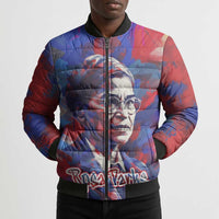 Rosa Parks Bomber Puffer Jacket Red Blue Abstract Art Portrait Sitting Down to Stand Up Quote Civil Rights Tribute - Wonder Print Shop