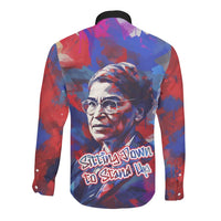 Rosa Parks Long Sleeve Button Shirt Red Blue Abstract Art Portrait Sitting Down to Stand Up Quote Civil Rights Tribute - Wonder Print Shop