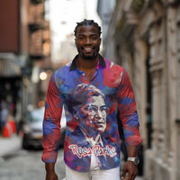 Rosa Parks Long Sleeve Button Shirt Red Blue Abstract Art Portrait Sitting Down to Stand Up Quote Civil Rights Tribute - Wonder Print Shop